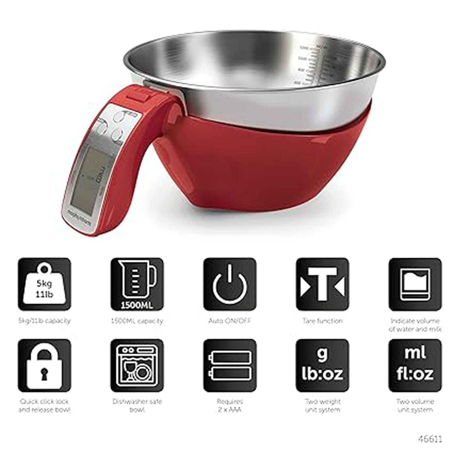 Morphy Richards 3 in 1 Digital Jug Scales - Max capacity 5kg - 11lbs - 1.5 litres - 159.07fl.oz.-  (Requires 2xAAA Batteries, Not Inc.- Red