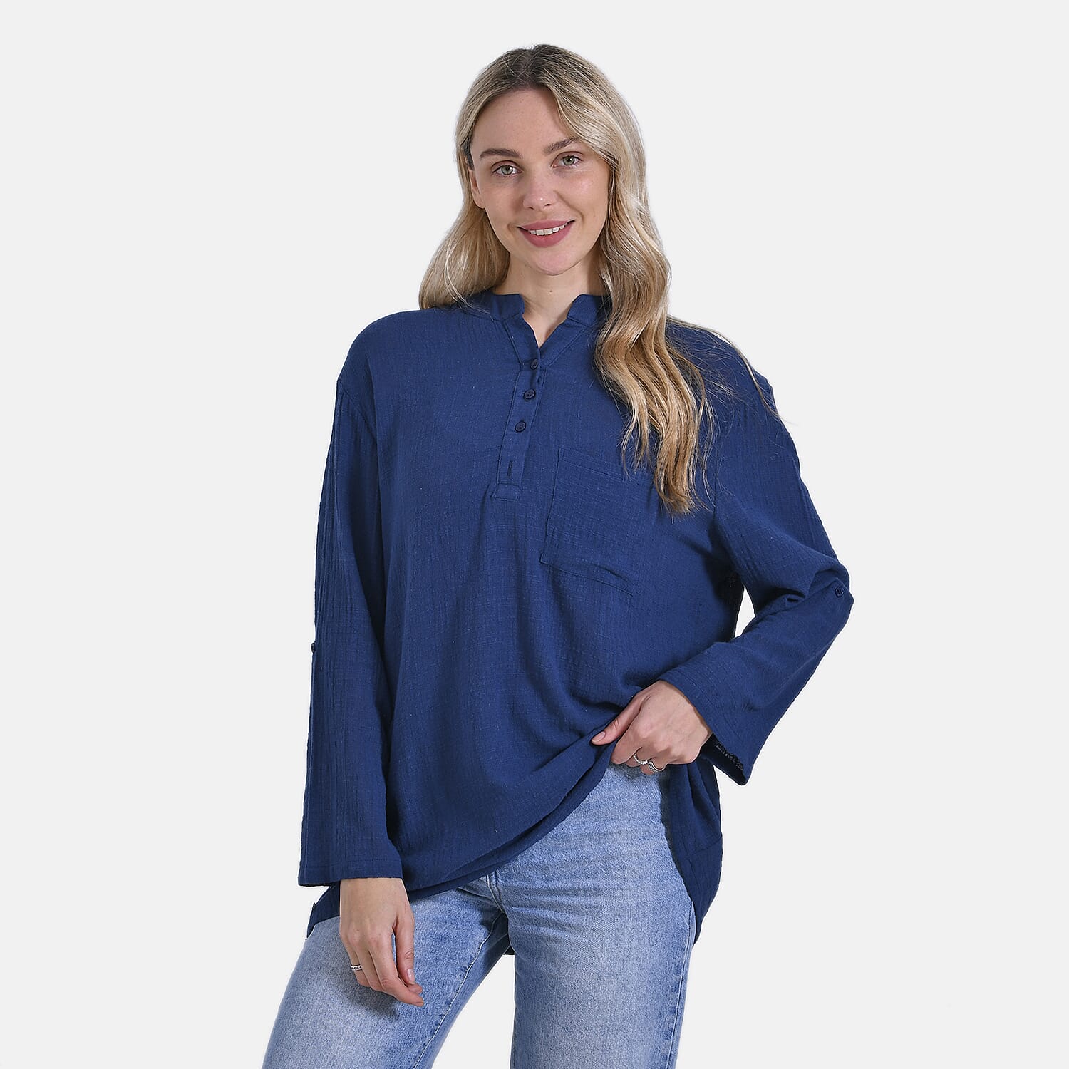 LA MAREY Womens Cotton 3-4 Sleeve Mandarin Collar Blouse LA MAREY Womens Cotton 3-4 Sleeve Mandarin Collar Blouse