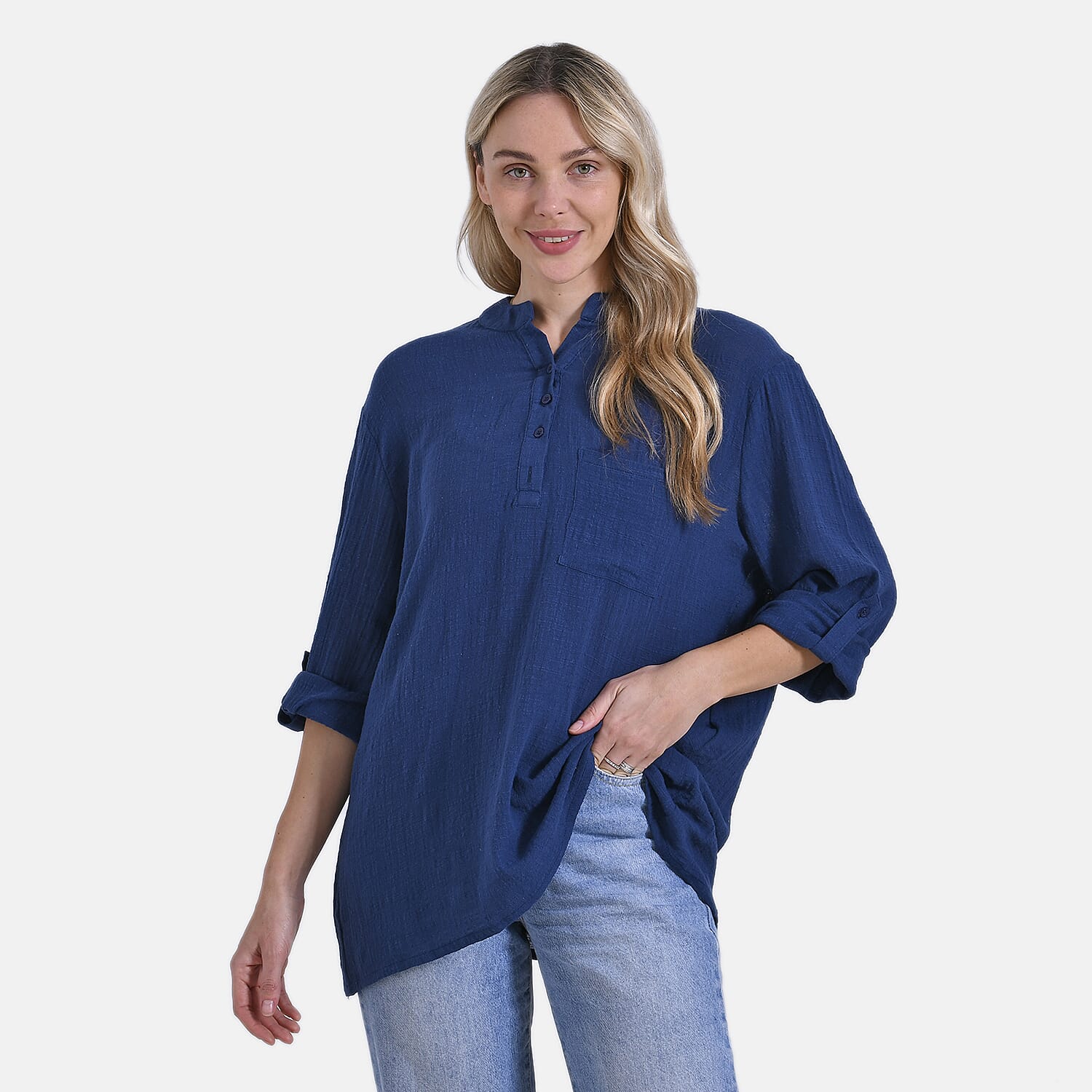 LA MAREY Womens Cotton 3-4 Sleeve Mandarin Collar Blouse LA MAREY Womens Cotton 3-4 Sleeve Mandarin Collar Blouse