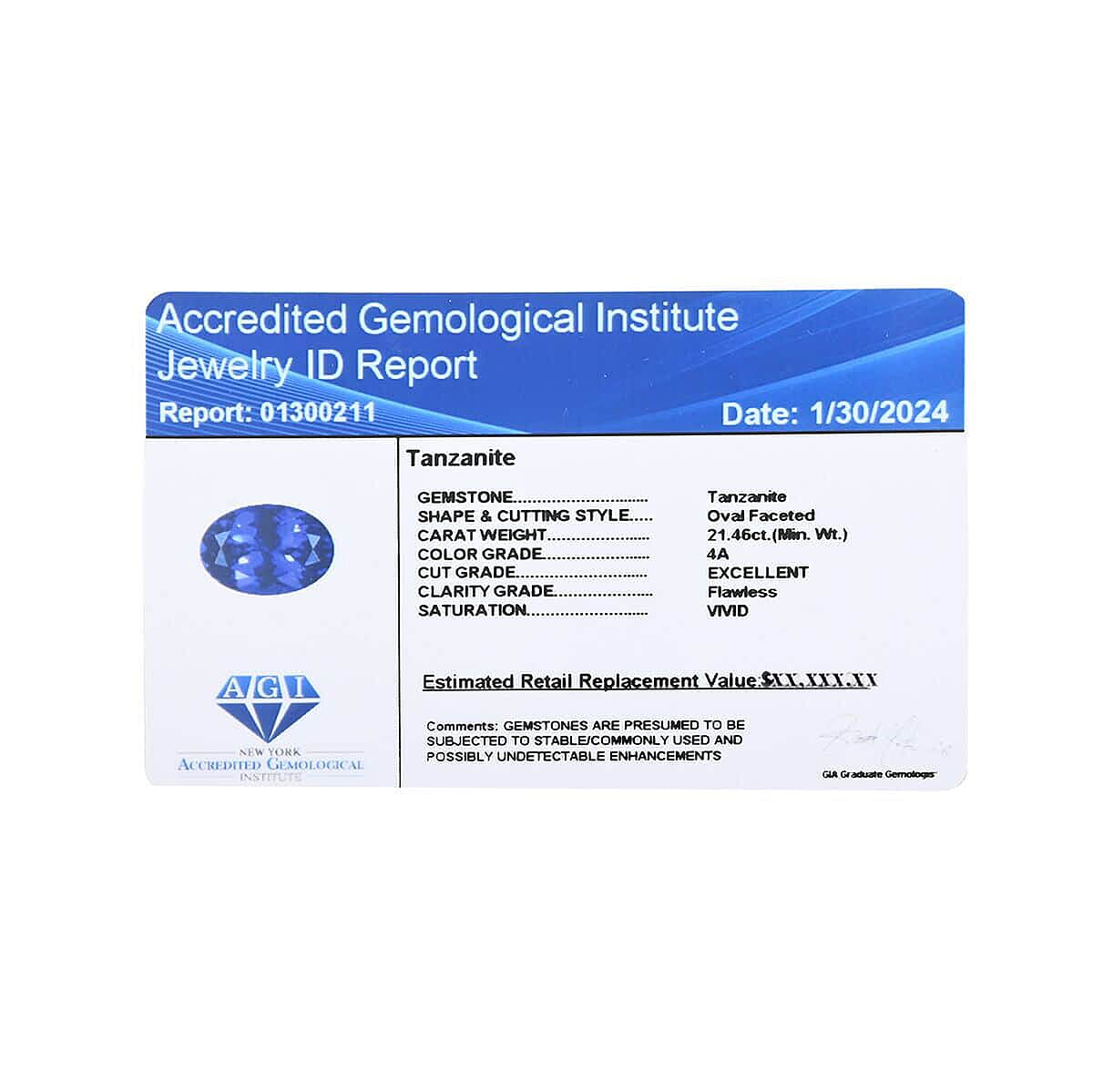 Certified and Appraised AAAA Tanzanite Loose Gemstone (Oval Shape) 21.46 ct.
