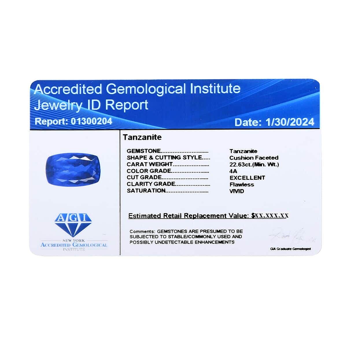 Certified and Appraised AAAA Tanzanite Loose Gemstone (Cush Shape) 22.63 ct.