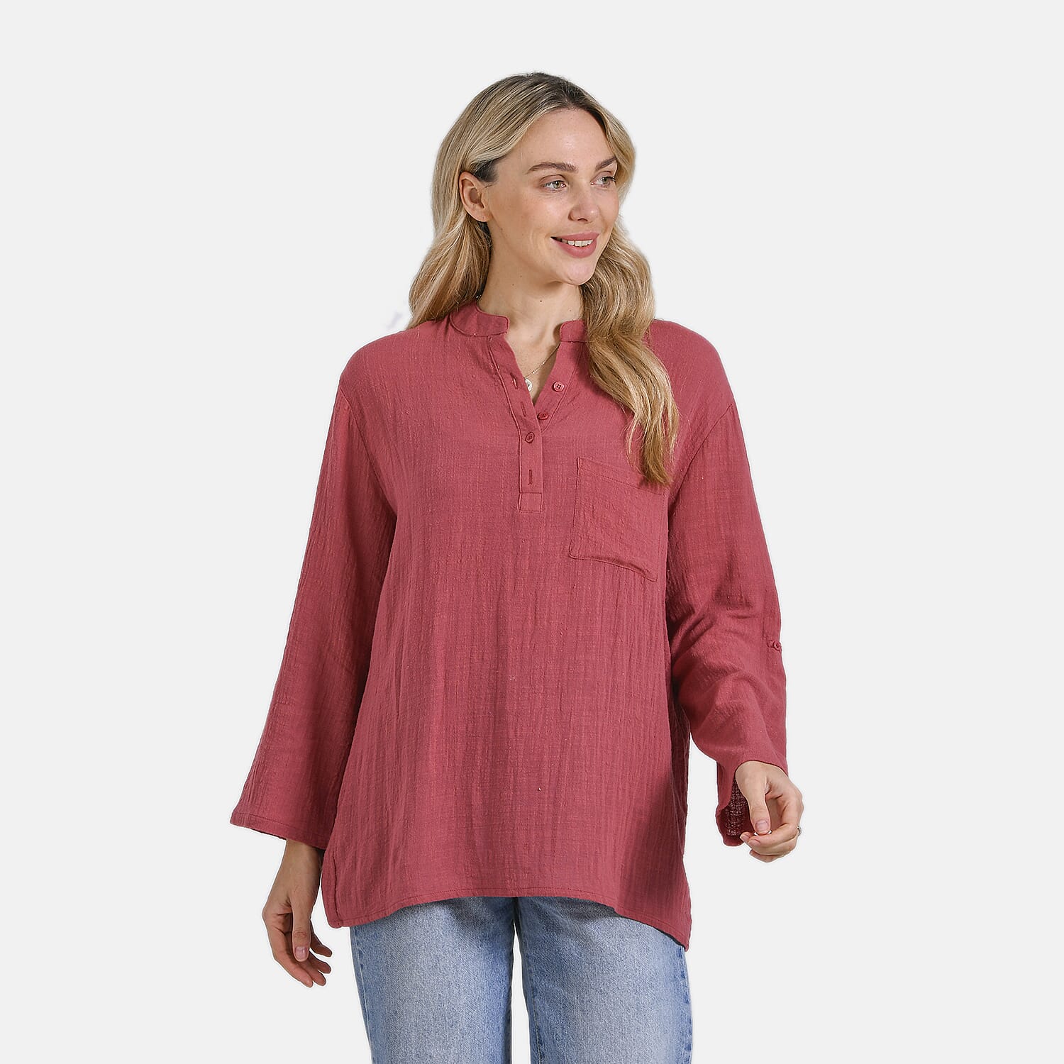 LA MAREY Womens Cotton 3-4 Sleeve Mandarin Collar Blouse LA MAREY Womens Cotton 3-4 Sleeve Mandarin Collar Blouse