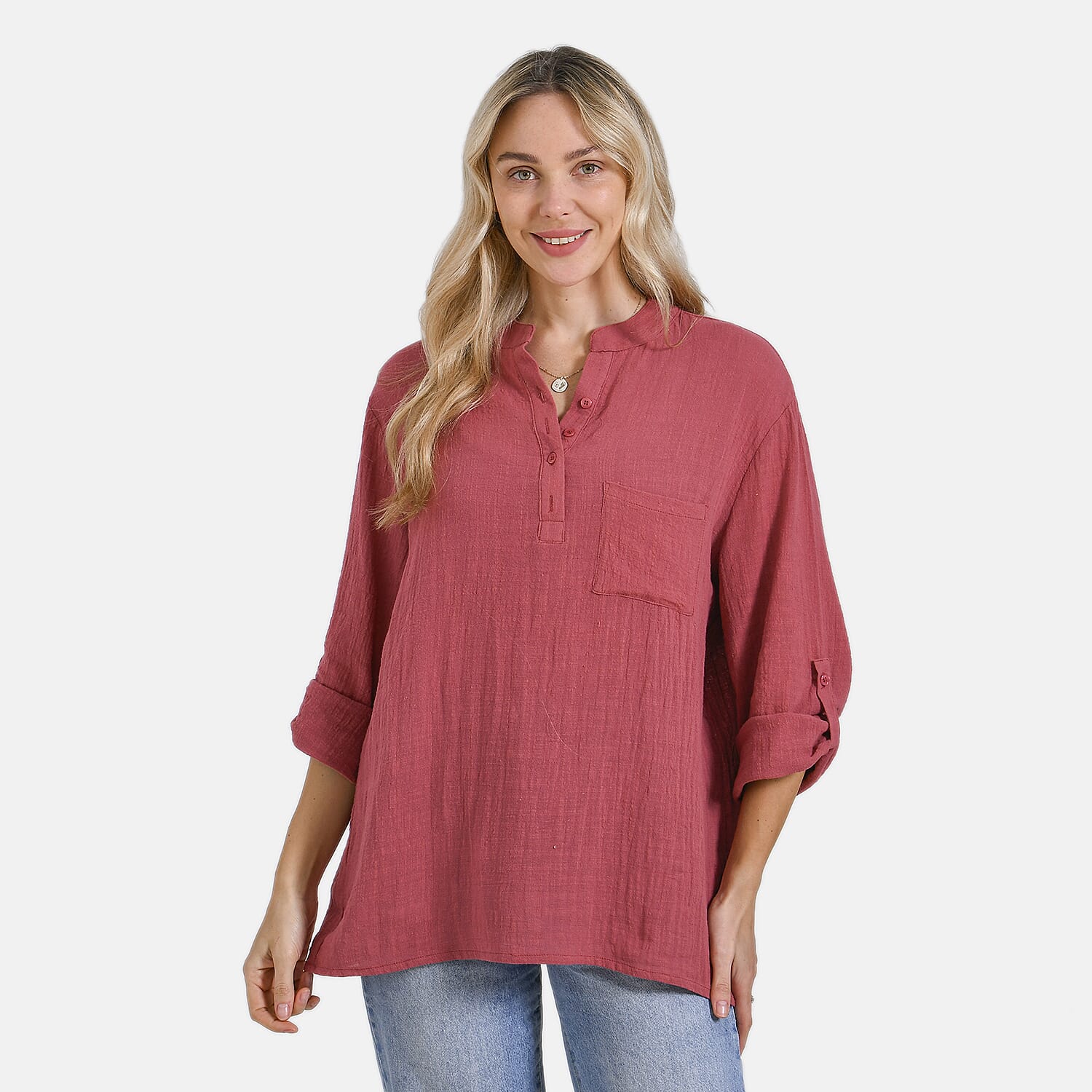 LA MAREY Womens Cotton 3-4 Sleeve Mandarin Collar Blouse LA MAREY Womens Cotton 3-4 Sleeve Mandarin Collar Blouse