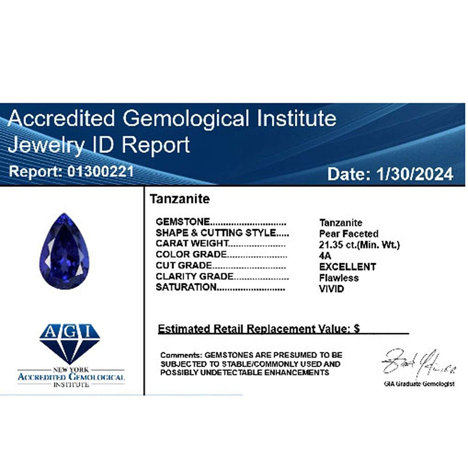 Certified and Appraised AAAA Tanzanite Loose Gemstone (Pear Shape) 21.35 ct.