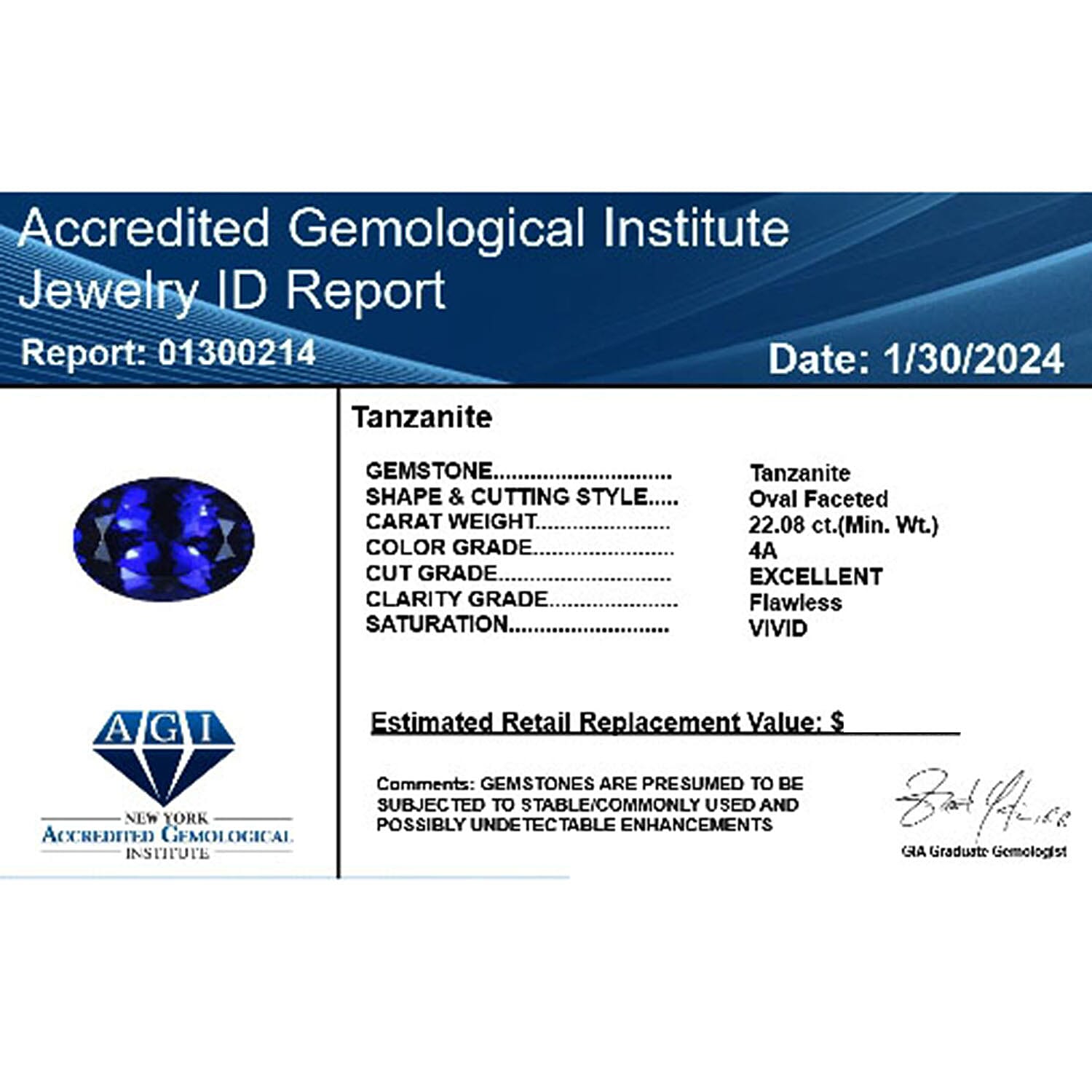 Certified and Appraised AAAA Tanzanite Loose Gemstone (Ovl Shape) 22.08 ct.