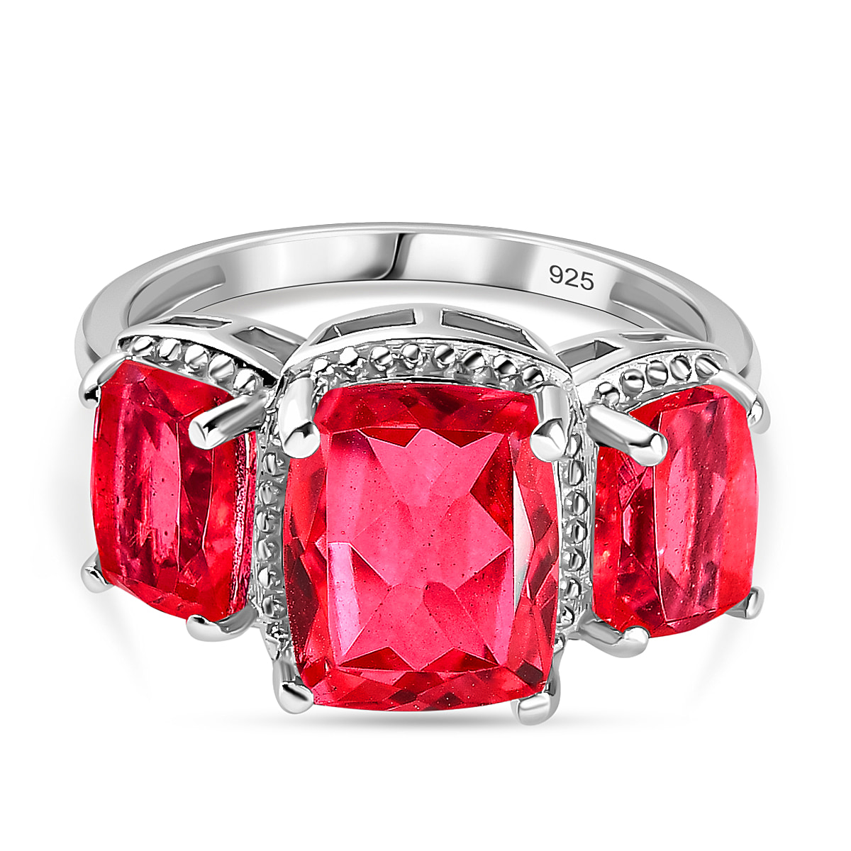 Padparadscha Triplet Quartz 3 Stone Ring in Platinum Overlay Sterling Silver 5.70 Ct.