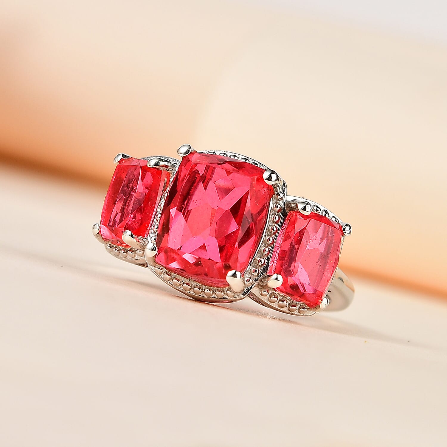 Padparadscha Triplet Quartz 3 Stone Ring in Platinum Overlay Sterling Silver 5.70 Ct.