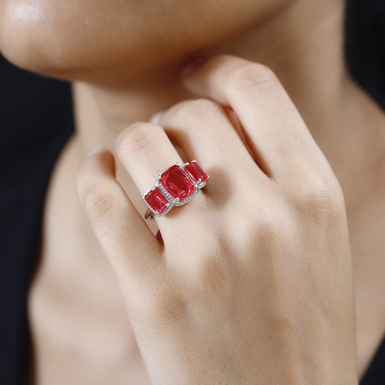 Padparadscha Triplet Quartz 3 Stone Ring in Platinum Overlay Sterling Silver 5.70 Ct.
