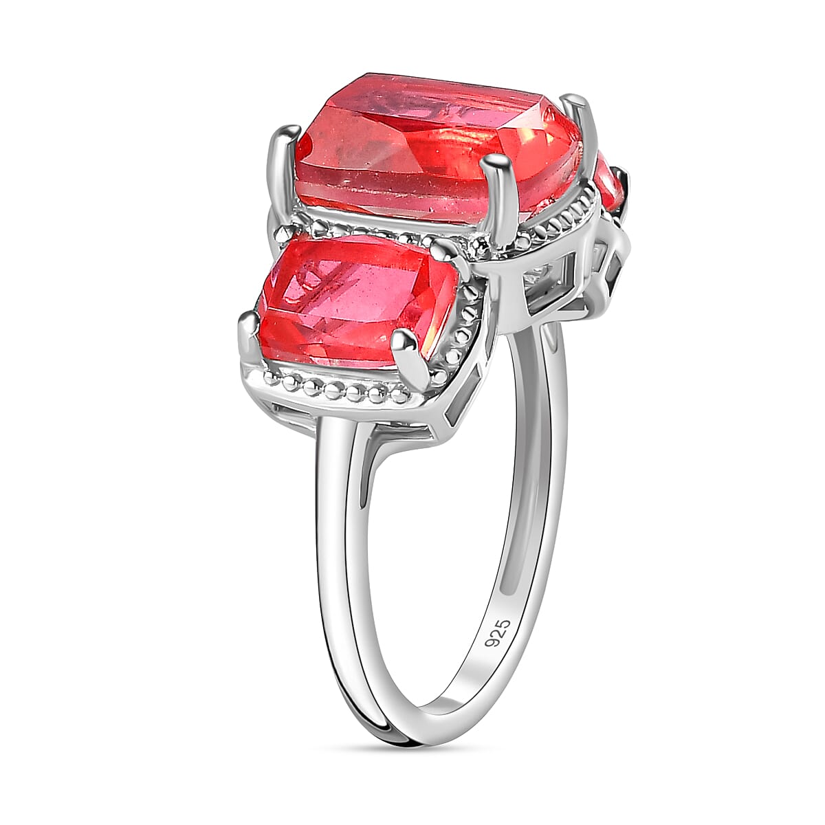 Padparadscha Triplet Quartz 3 Stone Ring in Platinum Overlay Sterling Silver 5.70 Ct.