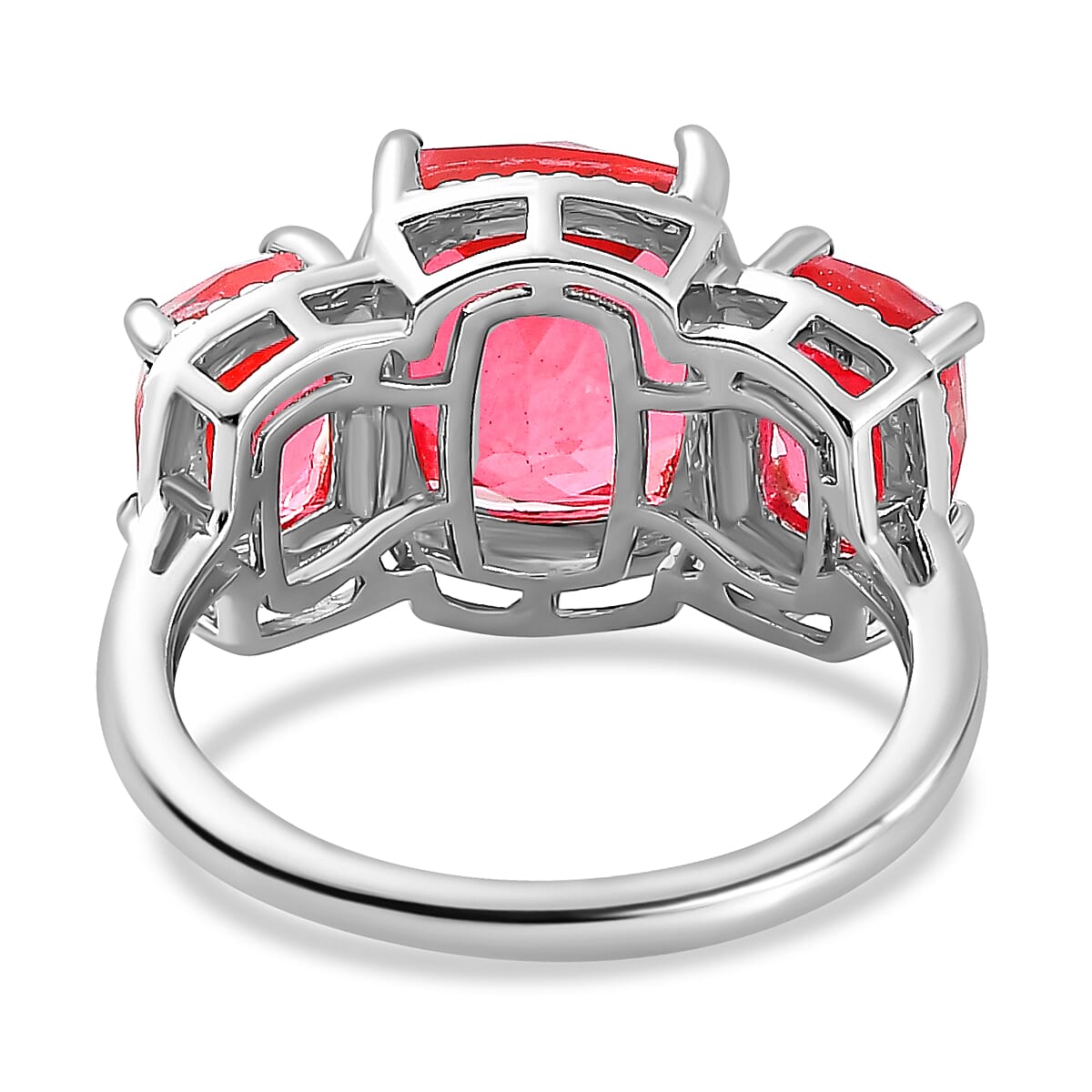 Padparadscha Triplet Quartz 3 Stone Ring in Platinum Overlay Sterling Silver 5.70 Ct.