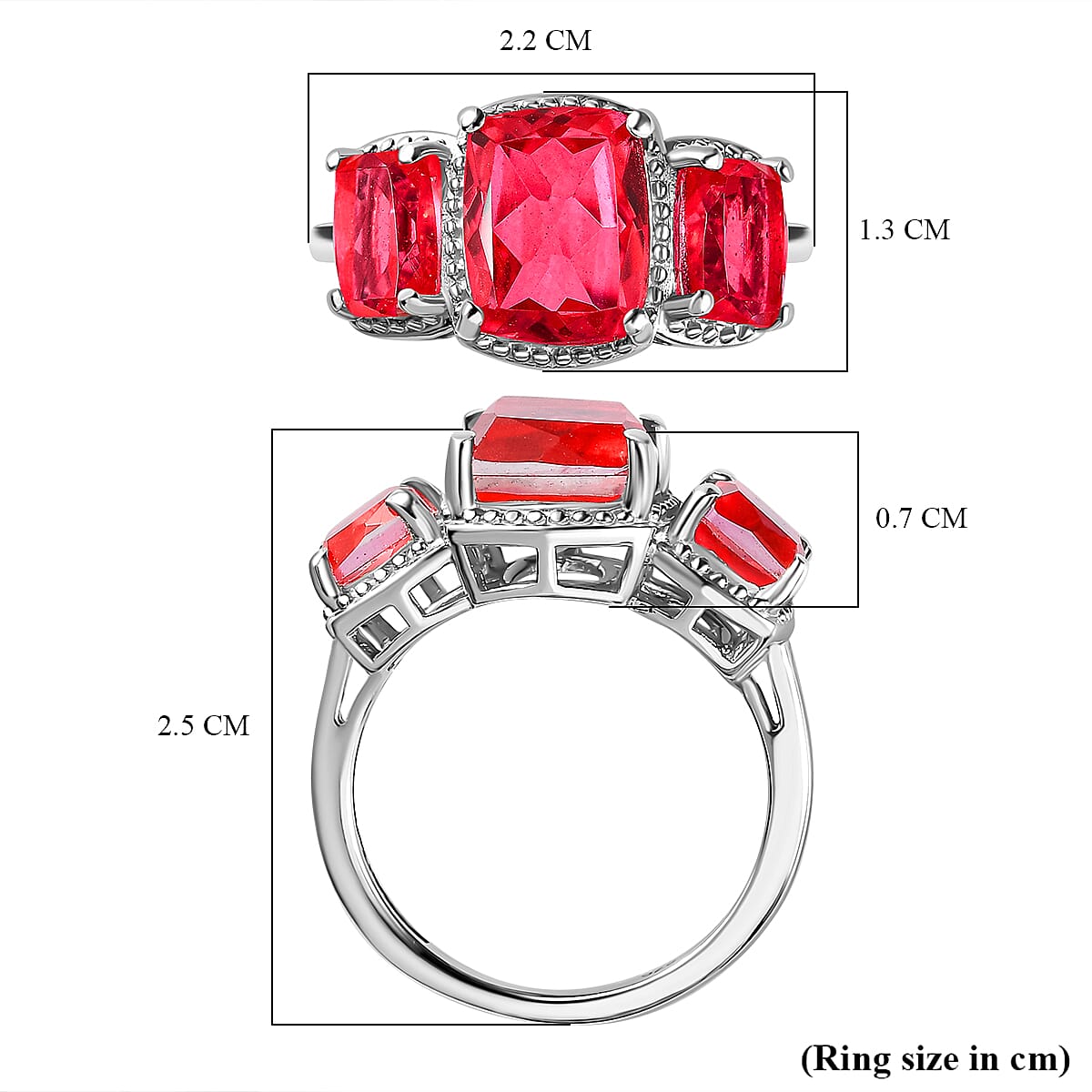 Padparadscha Triplet Quartz 3 Stone Ring in Platinum Overlay Sterling Silver 5.70 Ct.