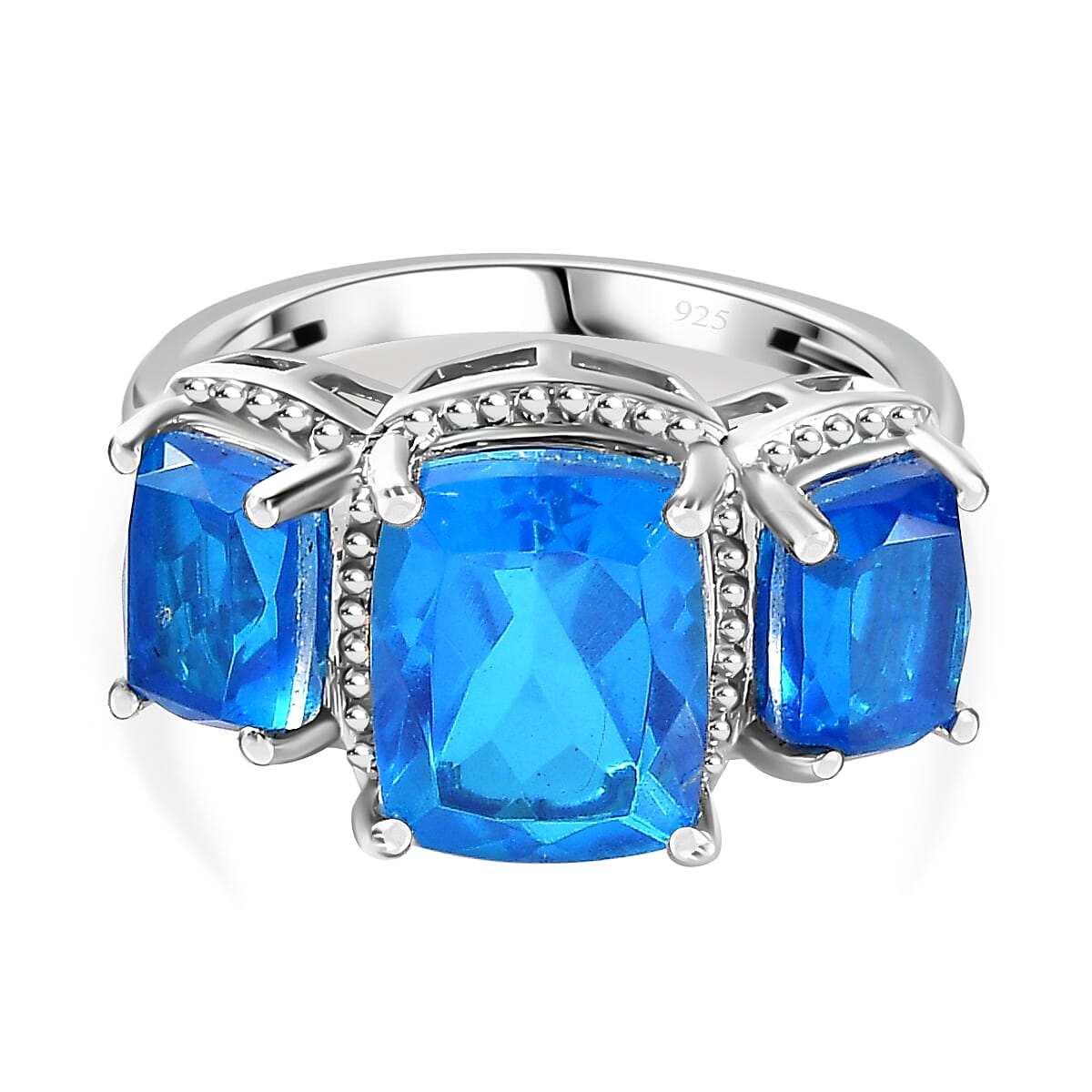 Carribean Quartz 3 Stone Ring in Platinum Overlay Sterling Silver 5.76 Ct.