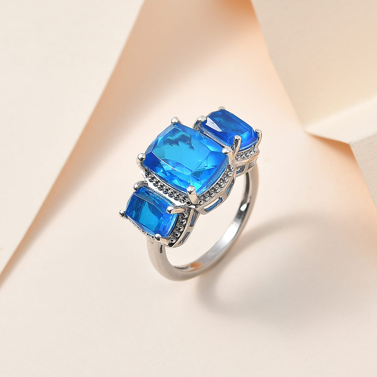 Carribean Quartz 3 Stone Ring in Platinum Overlay Sterling Silver 5.76 Ct.