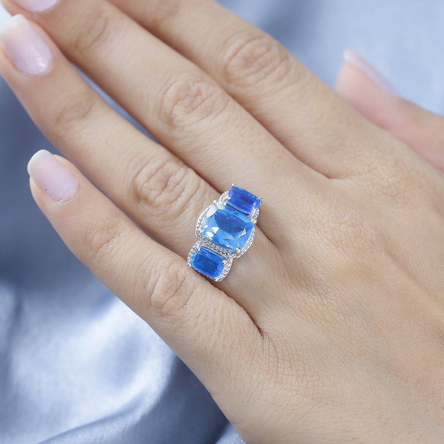 Carribean Quartz 3 Stone Ring in Platinum Overlay Sterling Silver 5.76 Ct.