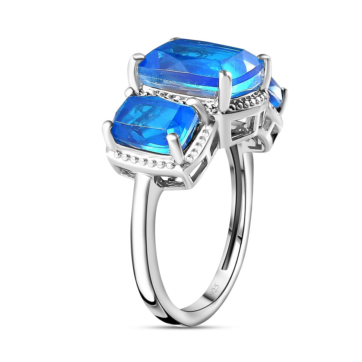 Carribean Quartz 3 Stone Ring in Platinum Overlay Sterling Silver 5.76 Ct.