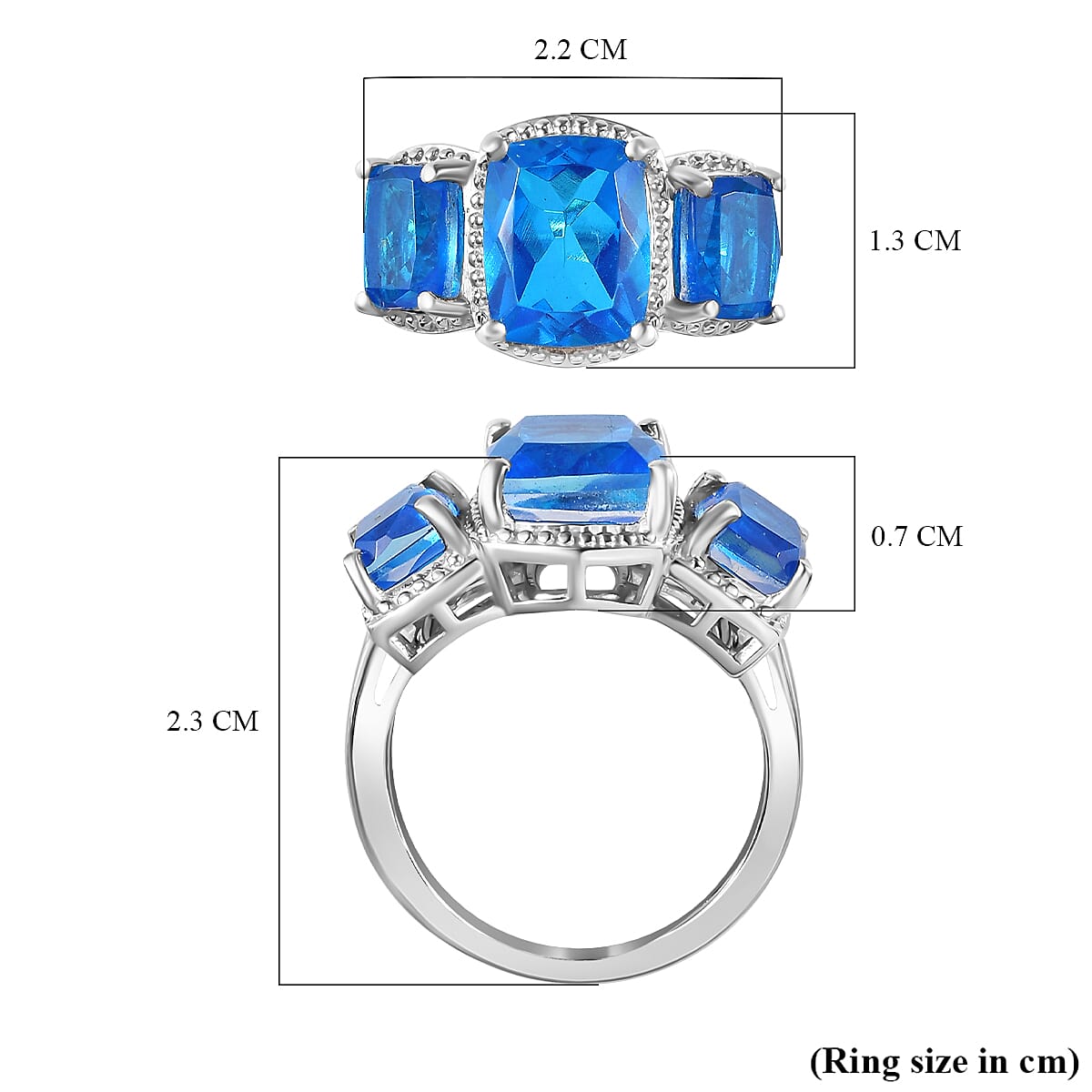 Carribean Quartz 3 Stone Ring in Platinum Overlay Sterling Silver 5.76 Ct.