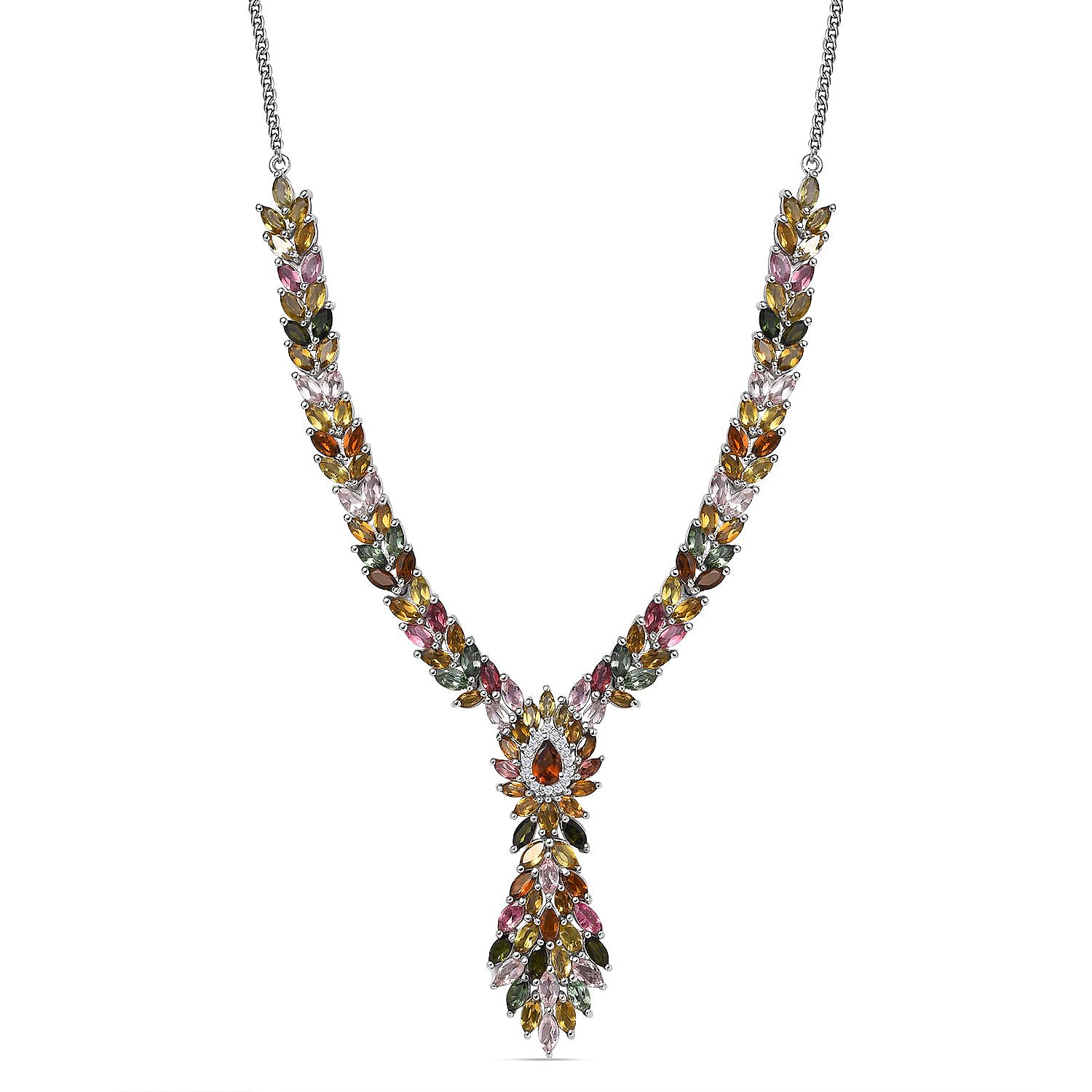 Multi-Tourmaline & Natural Zircon Cluster Necklace in Platinum Overlay Sterling Silver 15.24 Ct, Silver Wt. 19.72 Gms