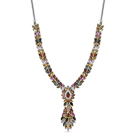 Multi-Tourmaline & Natural Zircon Cluster Necklace in Platinum Overlay Sterling Silver 15.24 Ct, Silver Wt. 19.72 Gms