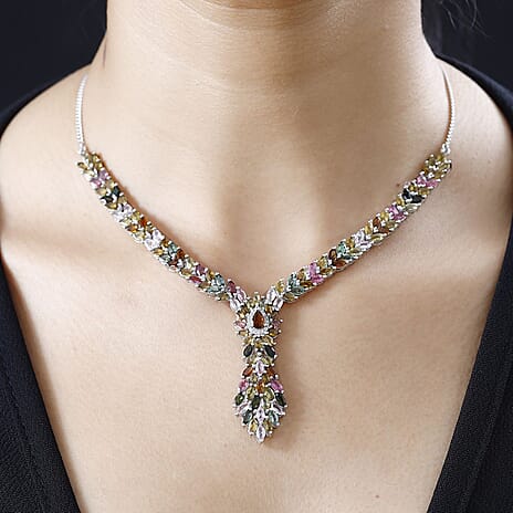 Multi-Tourmaline & Natural Zircon Cluster Necklace in Platinum Overlay Sterling Silver 15.24 Ct, Silver Wt. 19.72 Gms