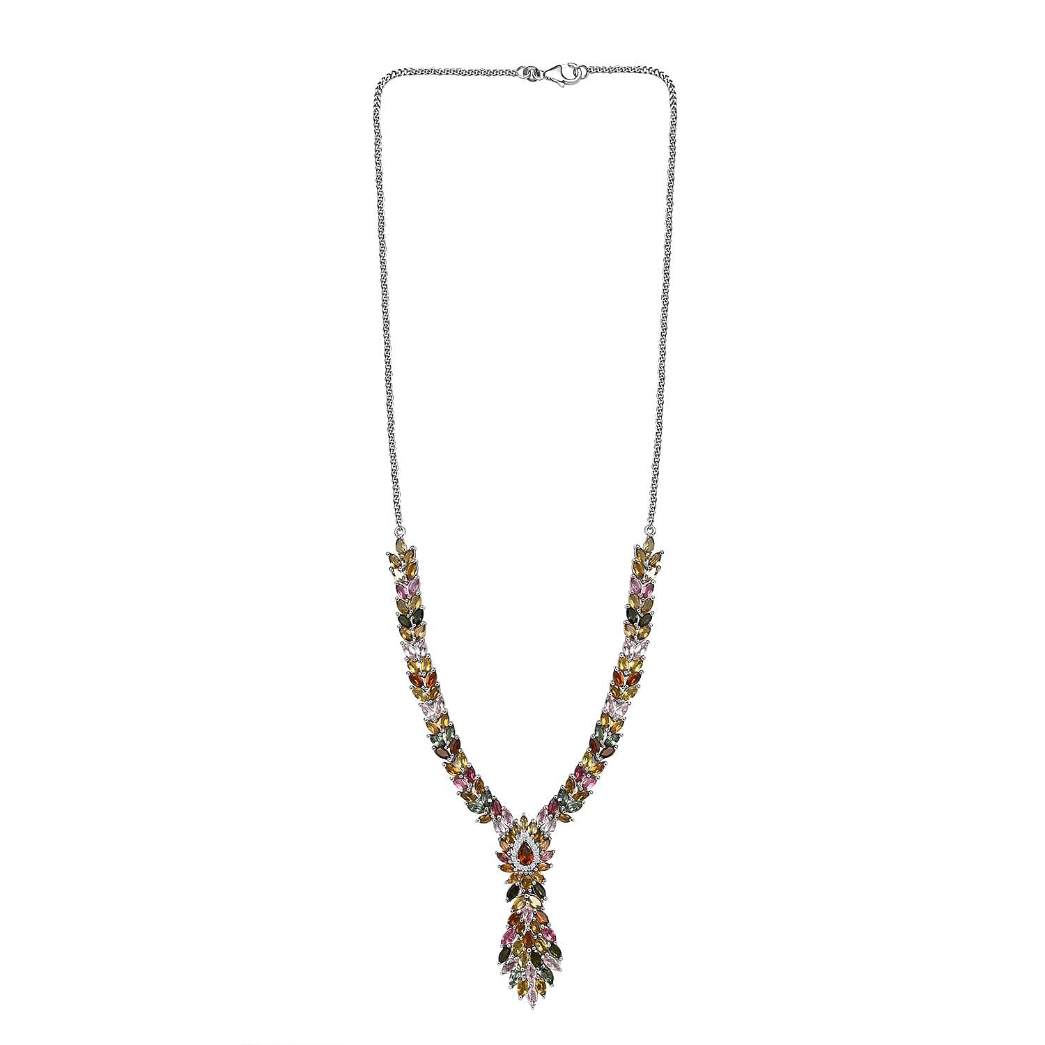 Multi-Tourmaline & Natural Zircon Cluster Necklace in Platinum Overlay Sterling Silver 15.24 Ct, Silver Wt. 19.72 Gms Multi-Tourmaline & Natural Zircon Cluster Necklace in Platinum Overlay Sterling Silver 15.24 Ct, Silver Wt. 19.72 Gms