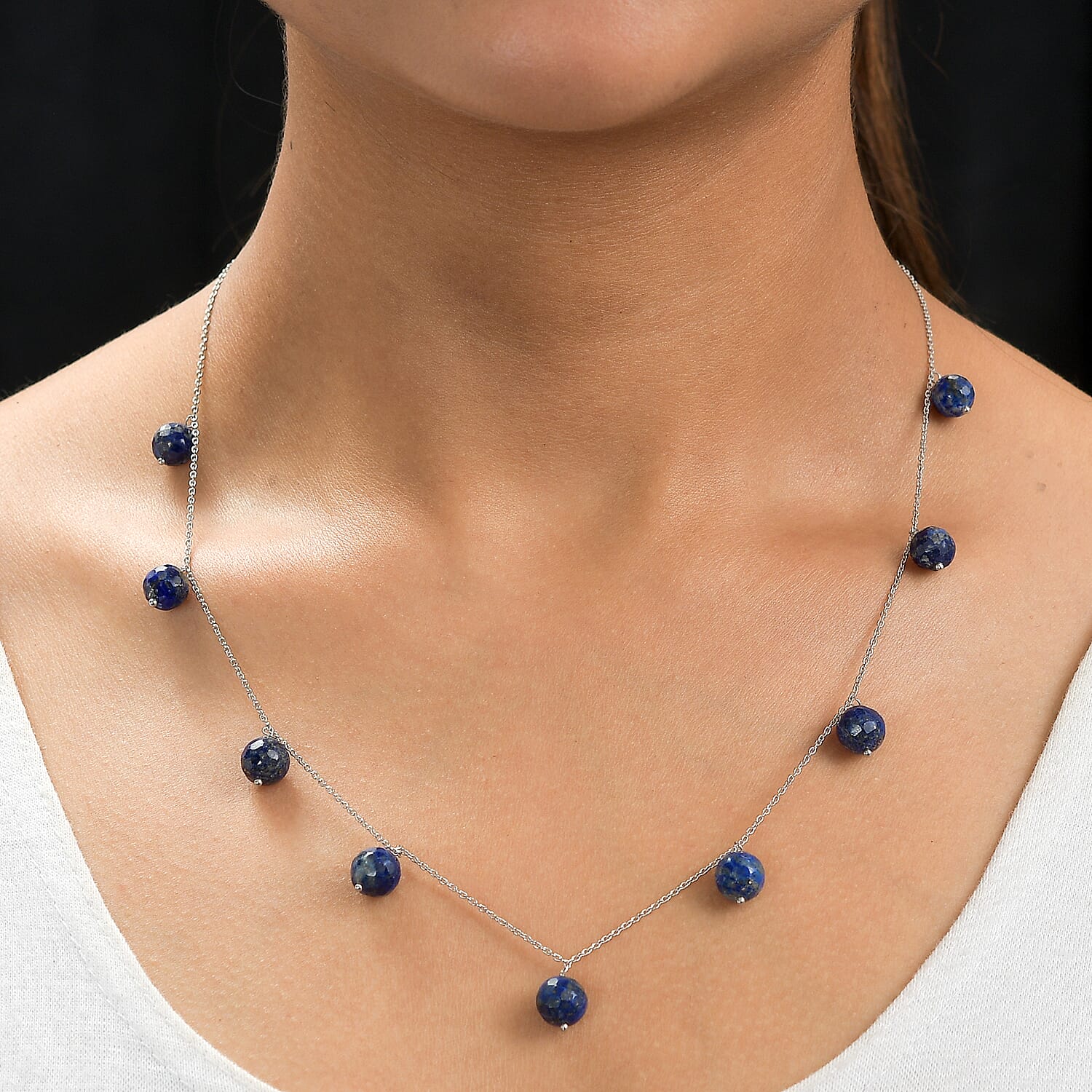 Lapis Lazuli Ball Necklace (Size - 18) in Rhodium Overlay Sterling Silver 45.00 Ct
