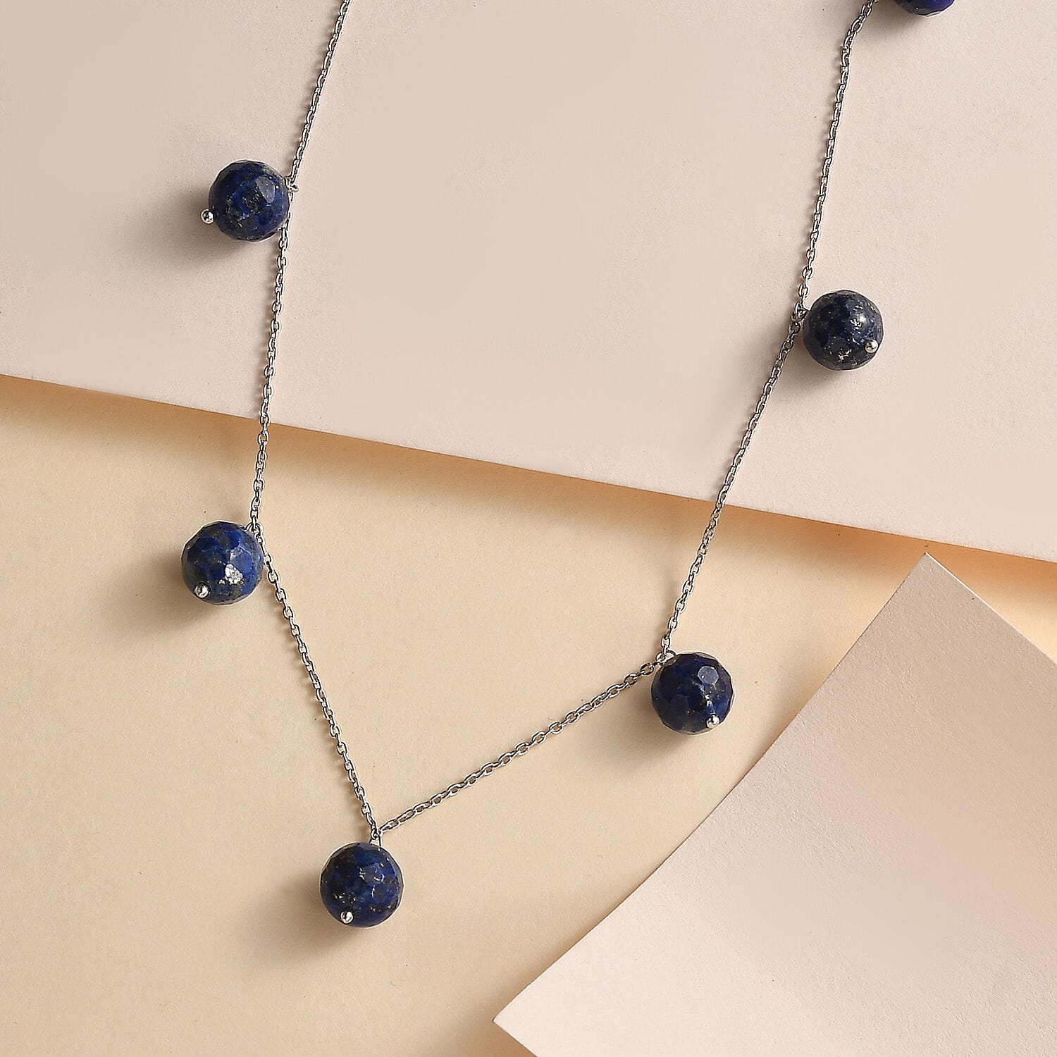 Lapis Lazuli Ball Necklace (Size - 18) in Rhodium Overlay Sterling Silver 45.00 Ct