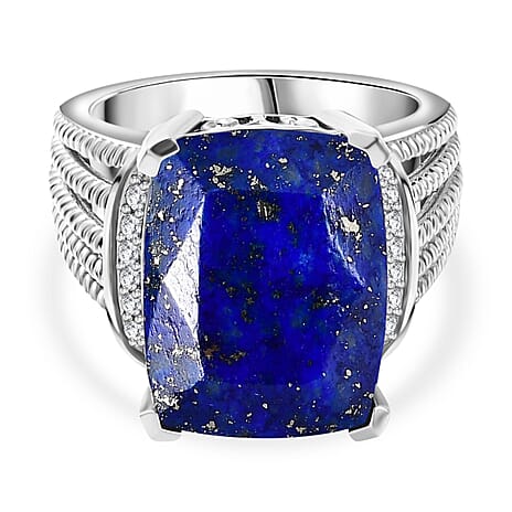 Lapis Lazuli & Natural Zircon Halo Ring in Platinum Overlay Sterling Silver 10.32 Ct, Silver Wt. 7.41 Gms
