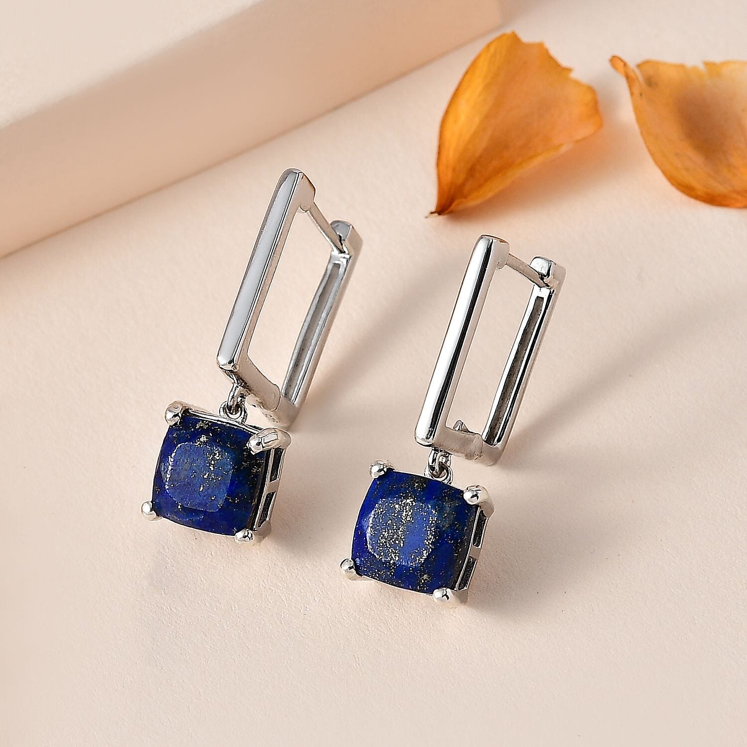 Lapis Lazuli Hoop Dangle Earrings in Platinum Overlay Sterling Silver 5.60 Ct
