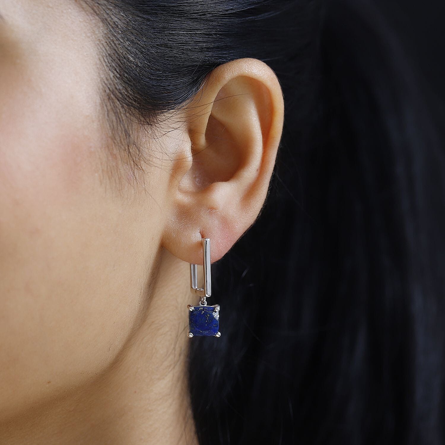 Lapis Lazuli Hoop Dangle Earrings in Platinum Overlay Sterling Silver 5.60 Ct