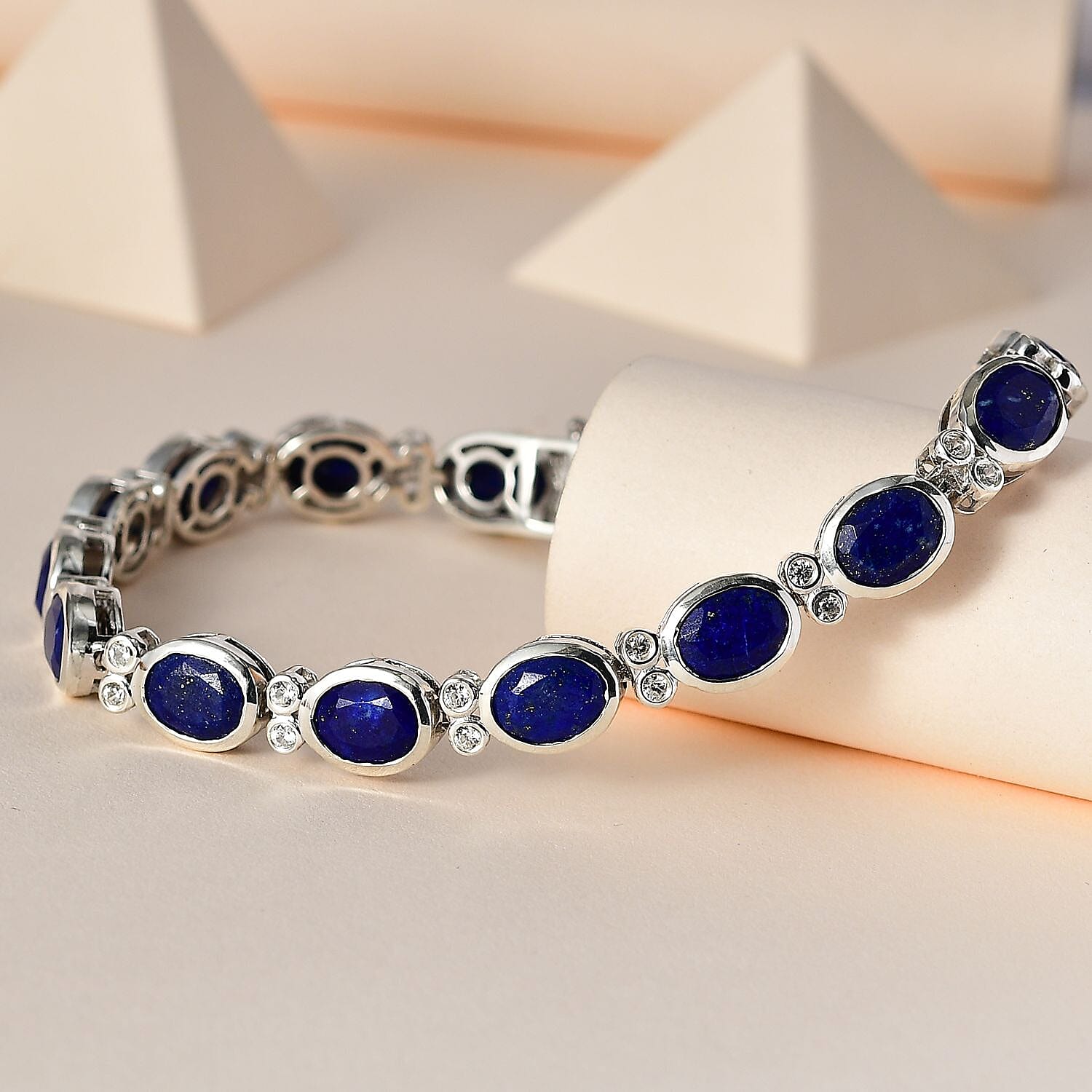 Lapis Lazuli & Natural Zircon Tennis Bracelet (Size - 7) in Platinum Overlay Sterling Silver 20.15 Ct, Silver Wt. 14 Gms