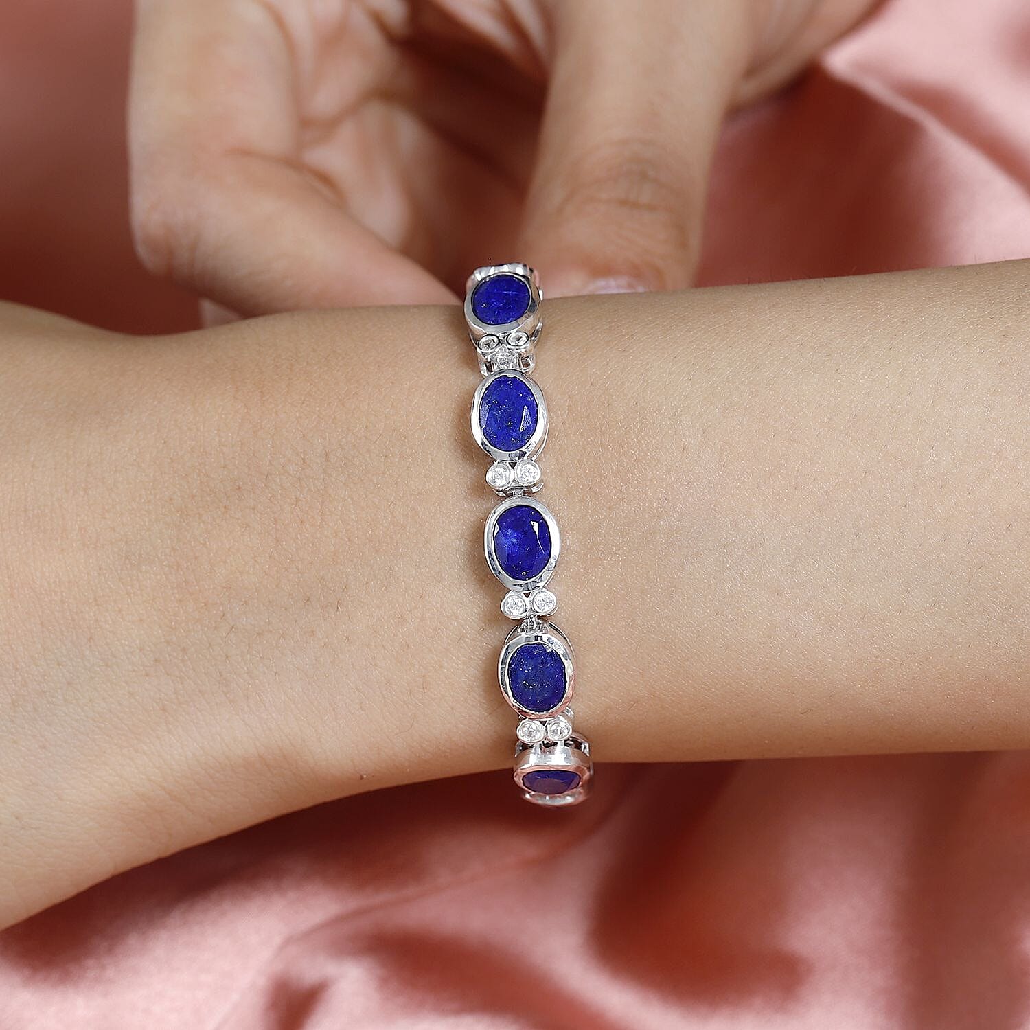 Lapis Lazuli & Natural Zircon Tennis Bracelet (Size - 7) in Platinum Overlay Sterling Silver 20.15 Ct, Silver Wt. 14 Gms