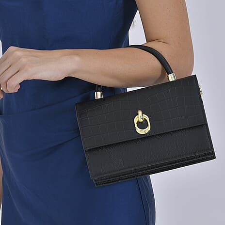 Genuine Leather Crocodile Embossed Crossbody Bag with Handle Drop - Black