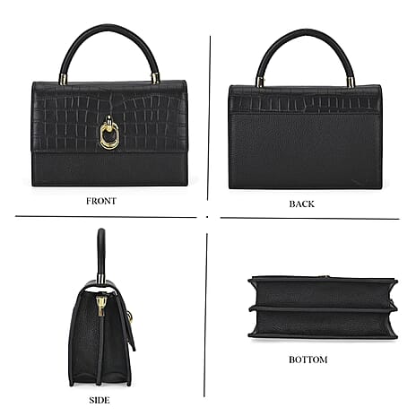 Genuine Leather Crocodile Embossed Crossbody Bag with Handle Drop - Black