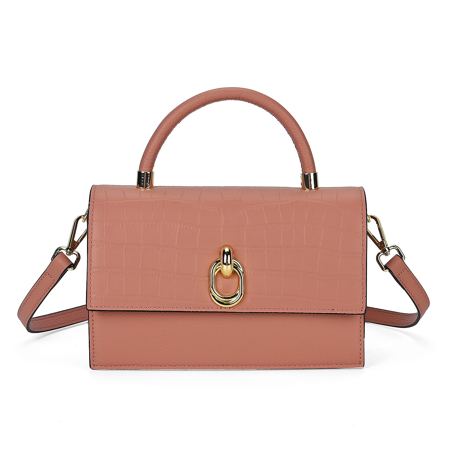 Genuine Leather Crocodile Embossed Crossbody Bag with Handle Drop - Light Pink