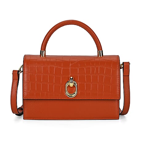 Designer Closeout - Genuine Leather Croc Embossed Crossbody Bag - Tan