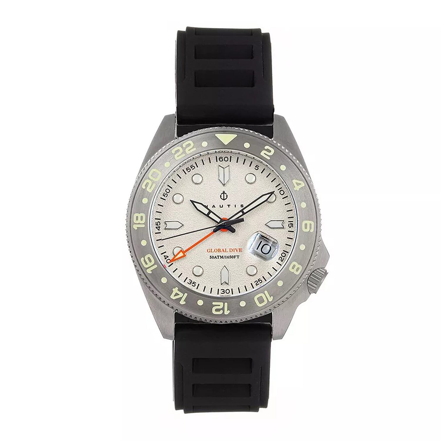 Nautis Global Dive Swiss Quartz Movt. White Dial 50ATM Water Resistant Watch with Black Strap