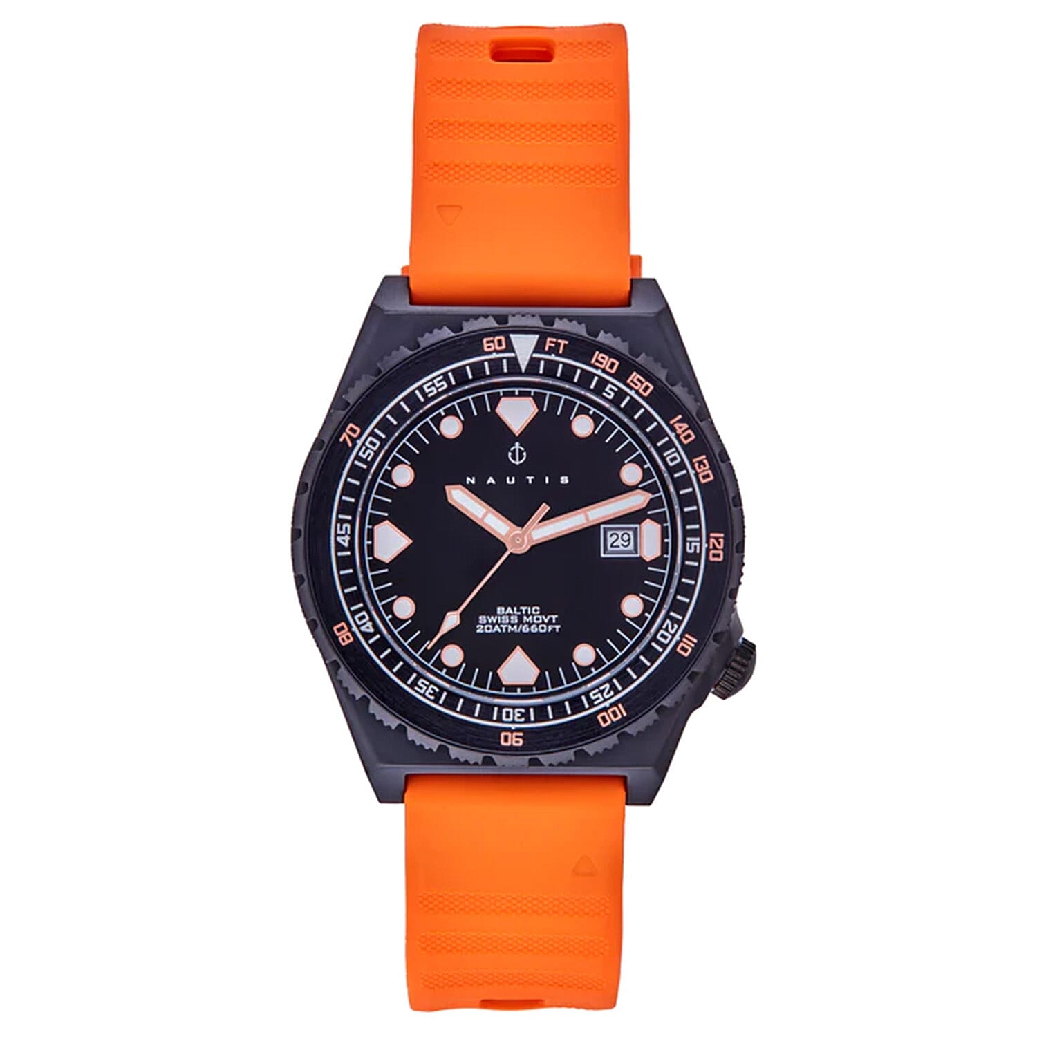 Nautis Baltic Accurate Swiss Ronda 515 Quartz Movement 45mm Black Dial Screw-Down Crown Unidirectional Bezel 20 ATM Water Resistant Watch With Date & Orange Rubber Strap