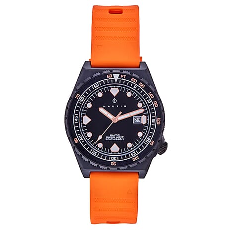 Nautis Baltic Accurate Swiss Ronda 515 Quartz Movement 45mm Black Dial Screw-Down Crown Unidirectional Bezel 20 ATM Water Resistant Watch With Date & Orange Rubber Strap