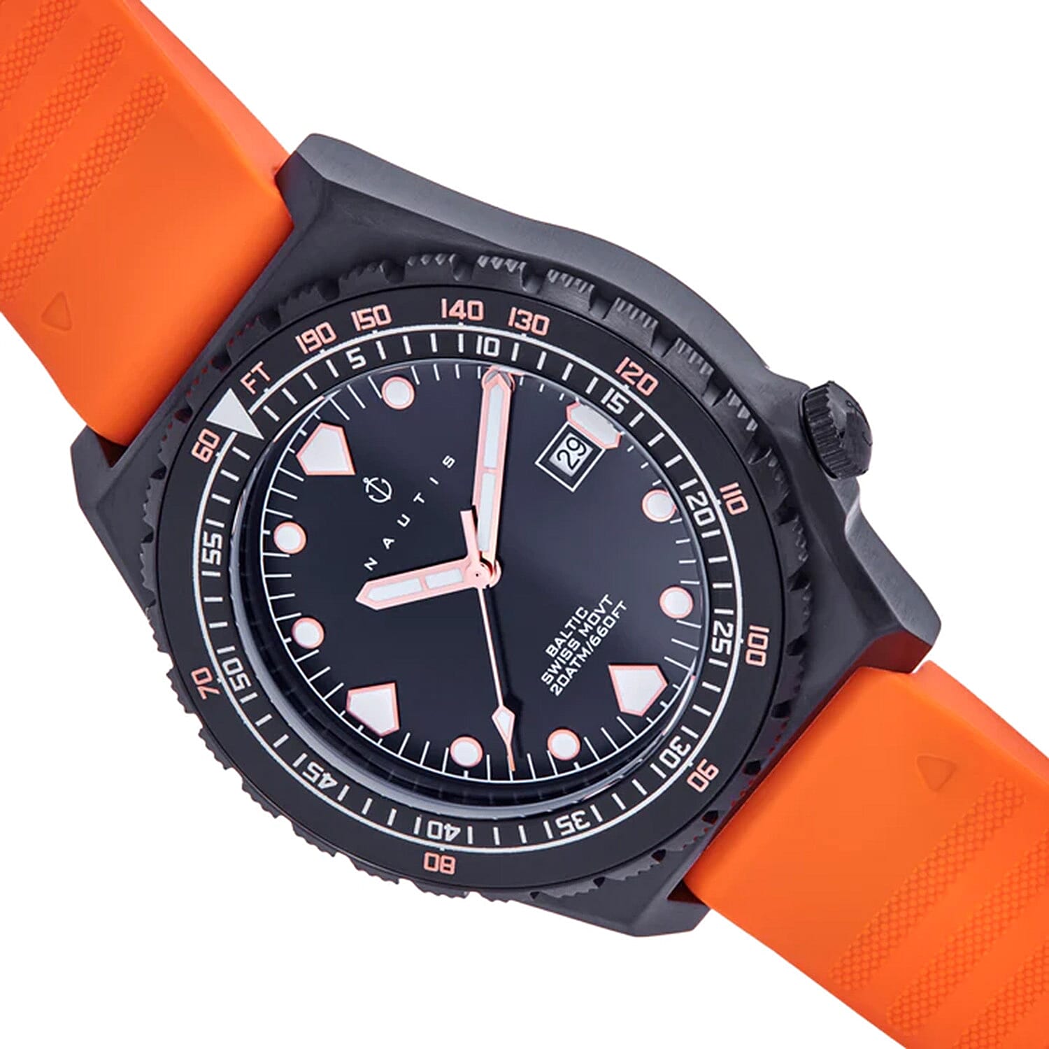 Nautis Baltic Accurate Swiss Ronda 515 Quartz Movement 45mm Black Dial Screw-Down Crown Unidirectional Bezel 20 ATM Water Resistant Watch With Date & Orange Rubber Strap