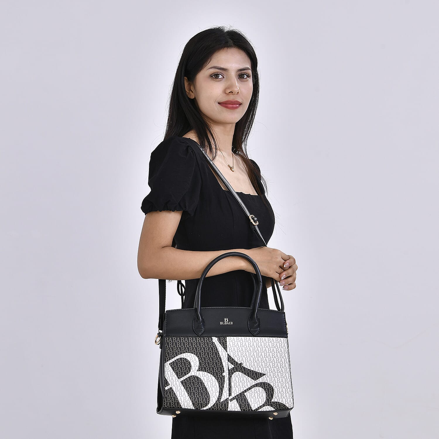 Leatherette Printed Crossbody Bag with Shoulder Strap & Handle Drop - Black