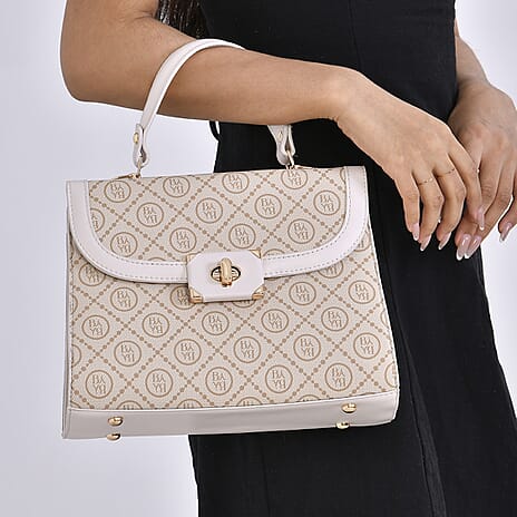 Leatherette Printed Crossbody Bag with Convertible Strap - Handle Drop - Off White