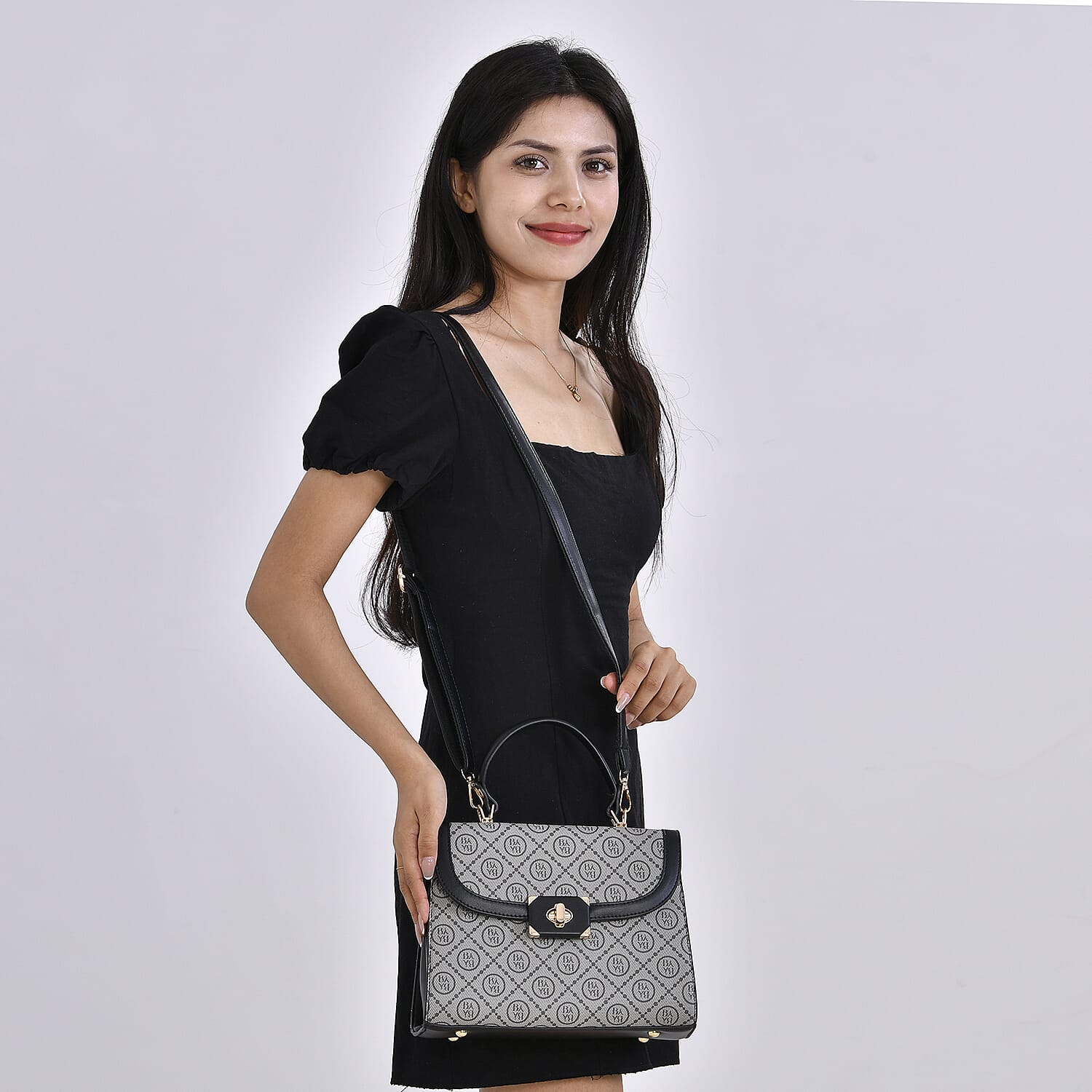 Leatherette Printed Crossbody Bag with Convertible Strap - Handle Drop - Black