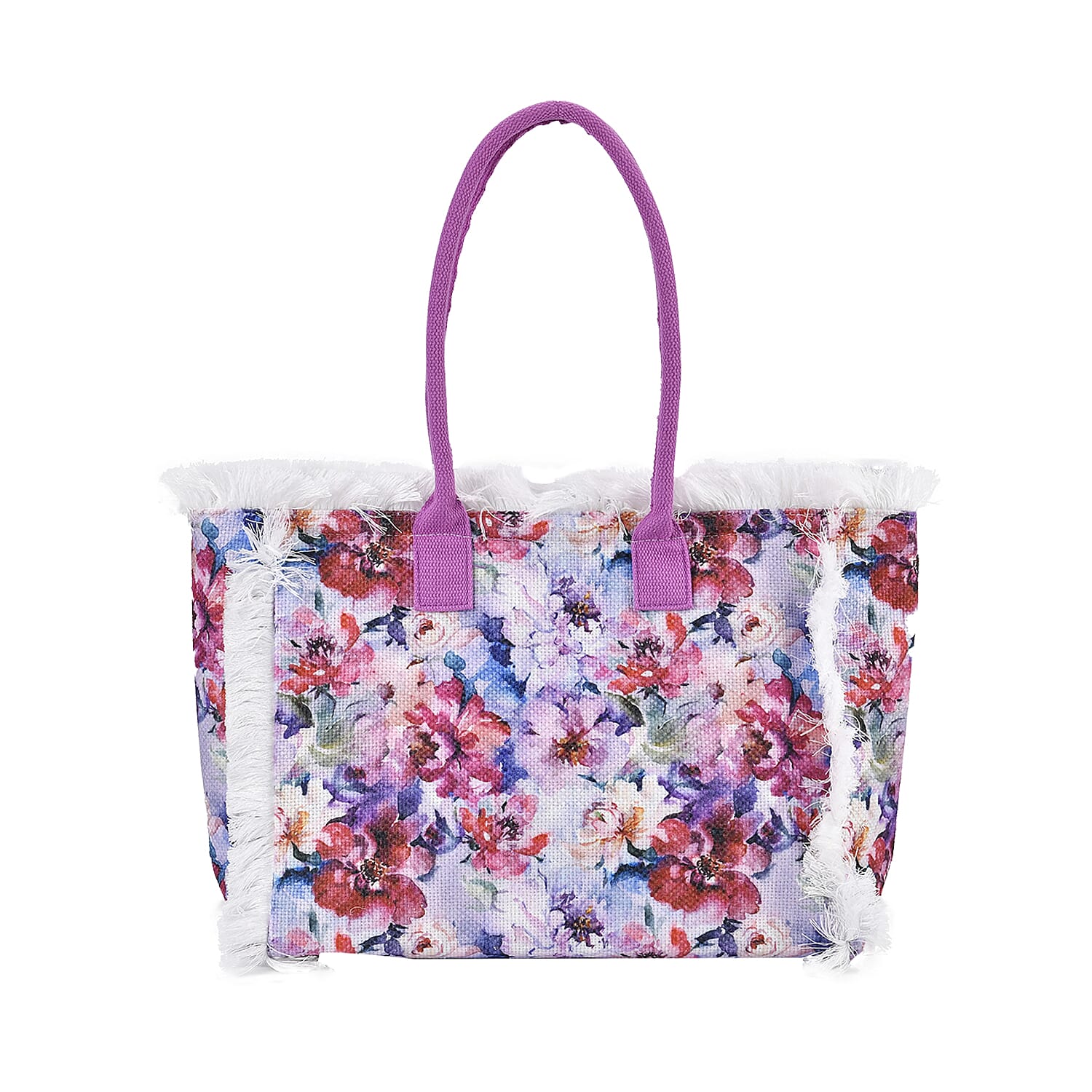 Floral Pattern Fringed Tote Bag with Handle Drop - Purple & Multi