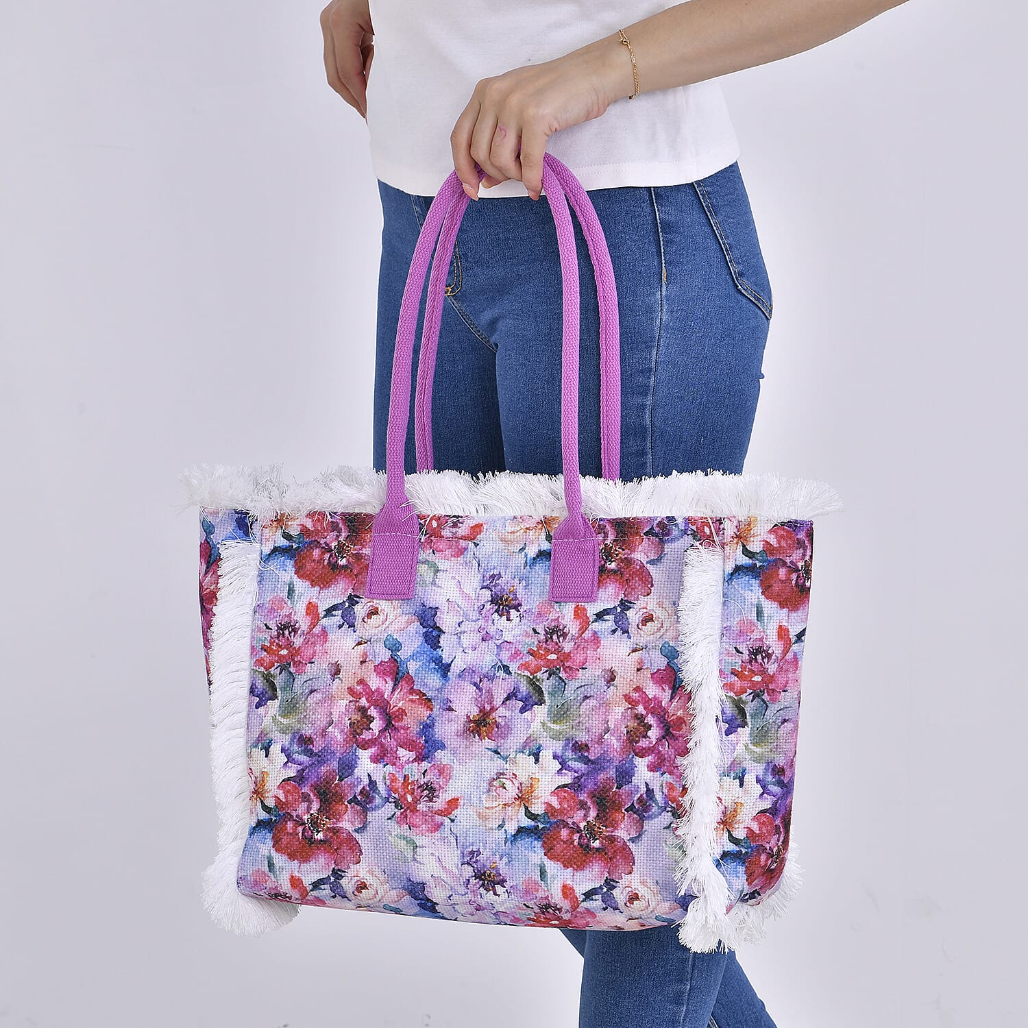 Floral Pattern Fringed Tote Bag with Handle Drop - Purple & Multi