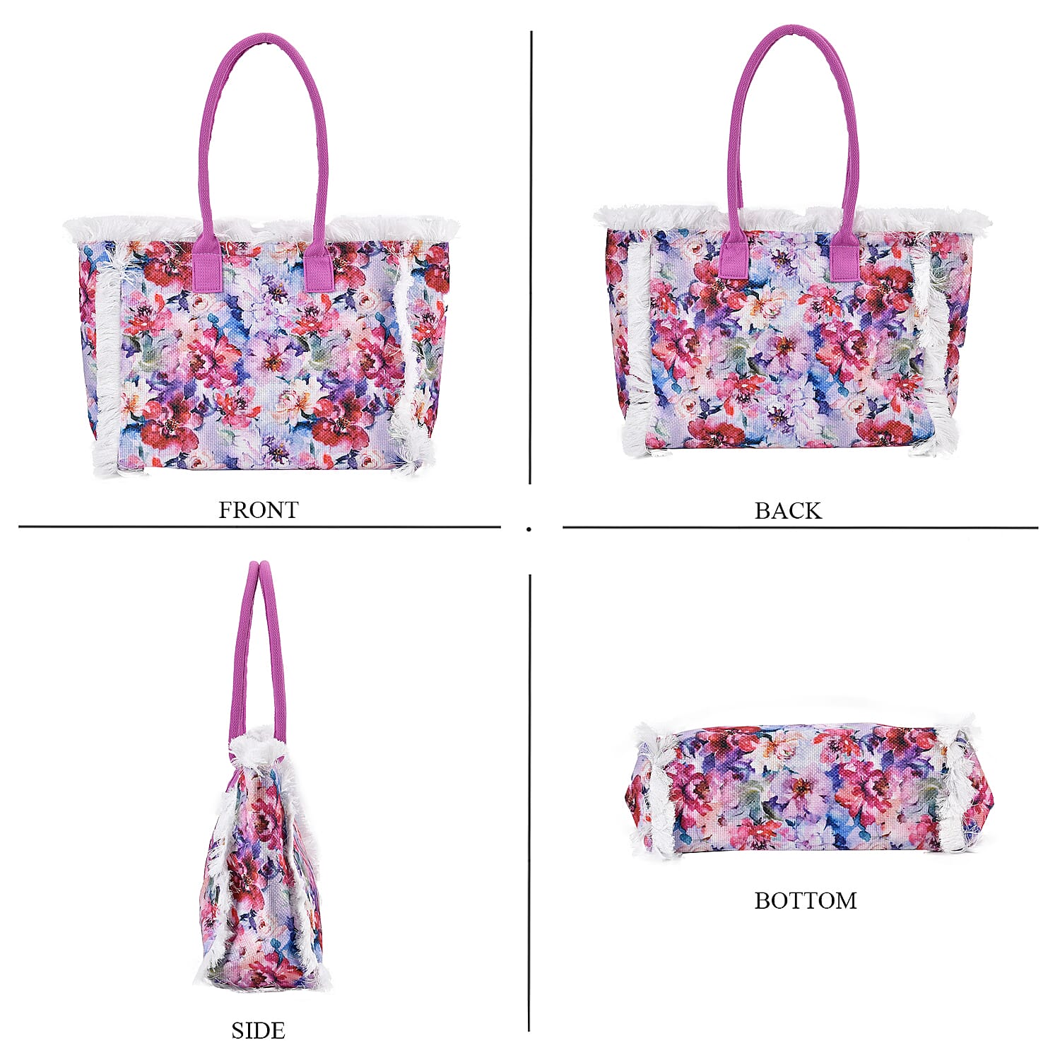 Floral Pattern Fringed Tote Bag with Handle Drop - Purple & Multi