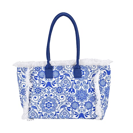 Floral Pattern Tote Bag with Handle Drop - Blue
