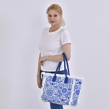 Floral Pattern Tote Bag with Handle Drop - Blue