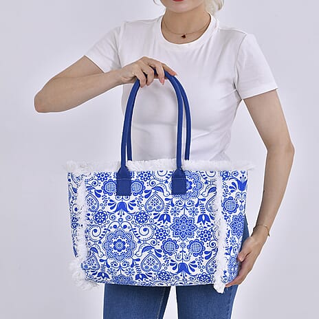 Floral Pattern Tote Bag with Handle Drop - Blue