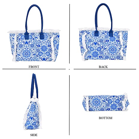 Floral Pattern Tote Bag with Handle Drop - Blue