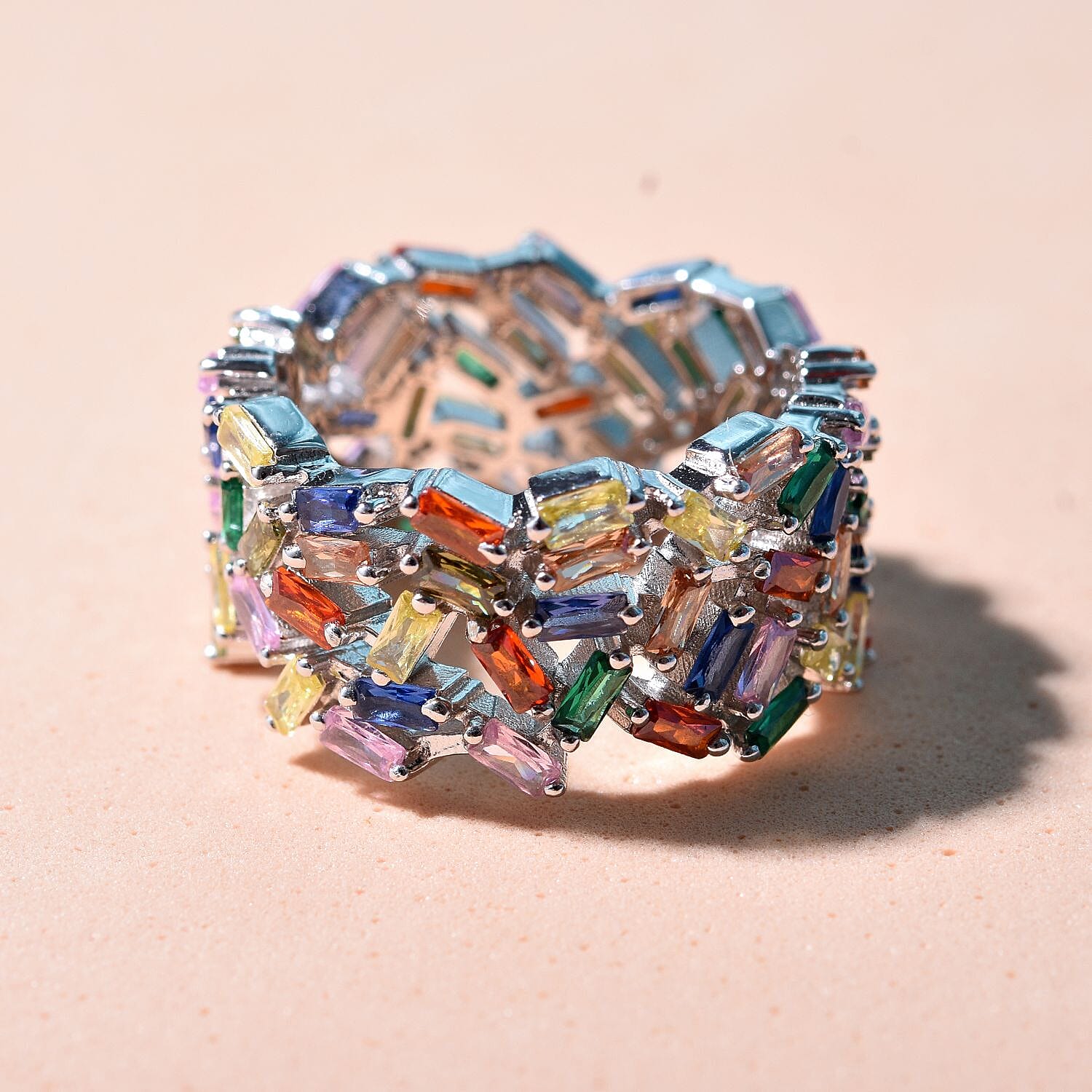 Lustro Stella -Multi Colour Cubic Zirconia Fire Cracker Ring in Rhodium Overlay Sterling Silver, Silver Wt. 6.90 Gms